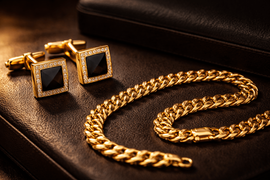 Золотые запонки и цепочка в подарок папе на юбилей свадьбы