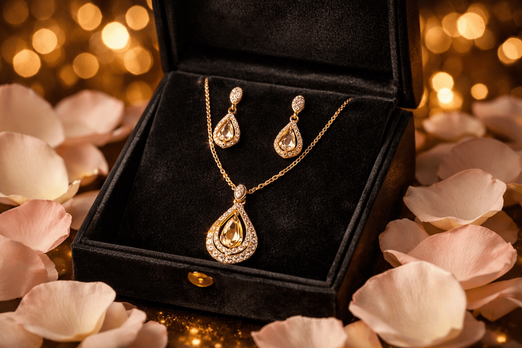 Золотые серьги и колье в подарок маме на годовщину свадьбы